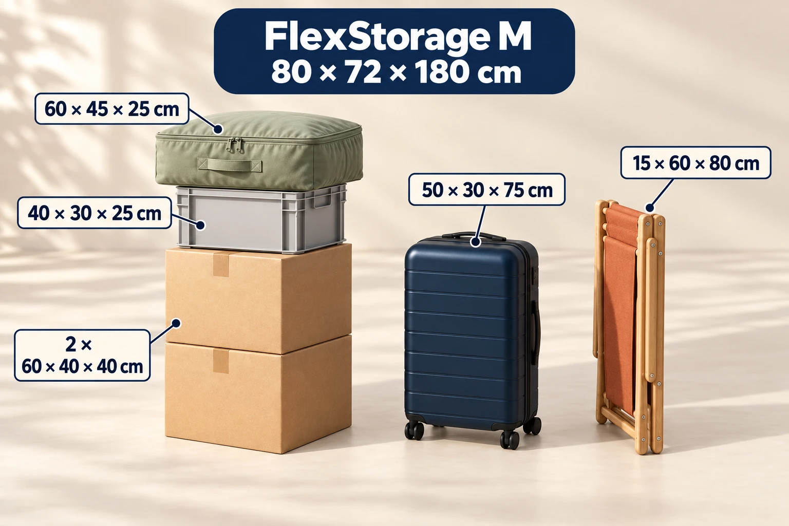 Ilustración de cajas, una maleta, una silla de playa plegada, una bolsa de ropa y una caja de plástico