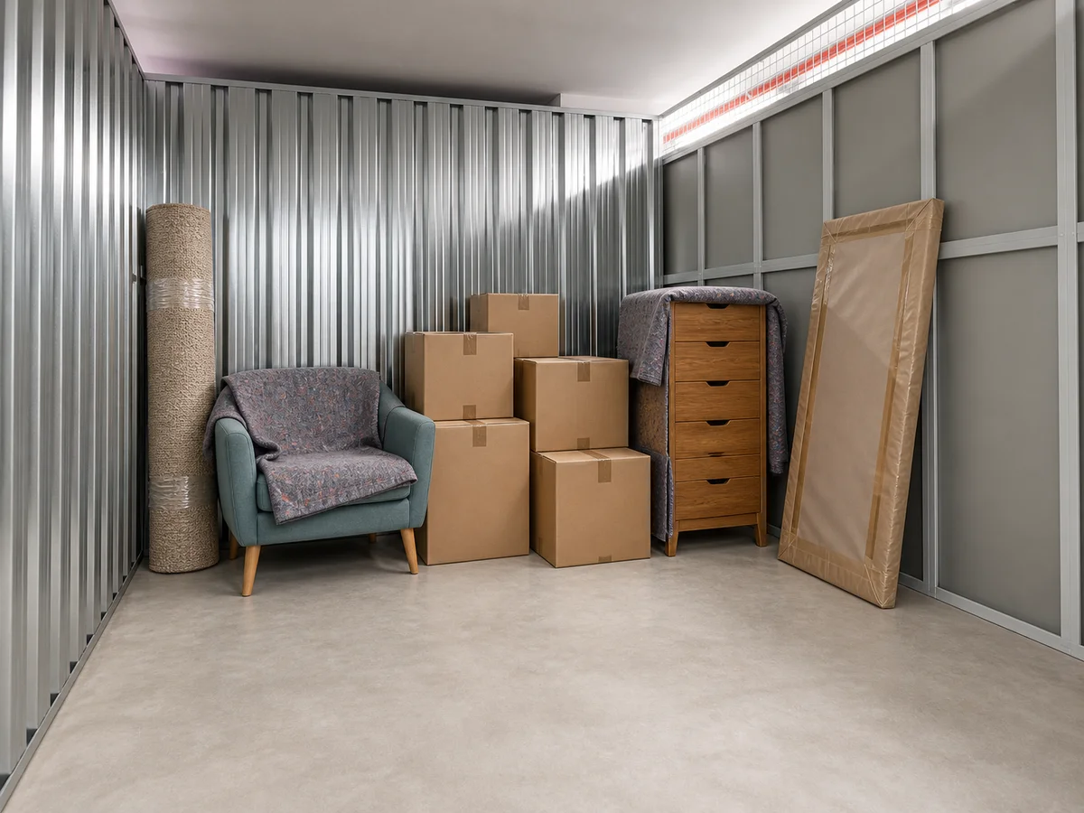 Ilustración de muebles y cajas de mudanza en un trastero