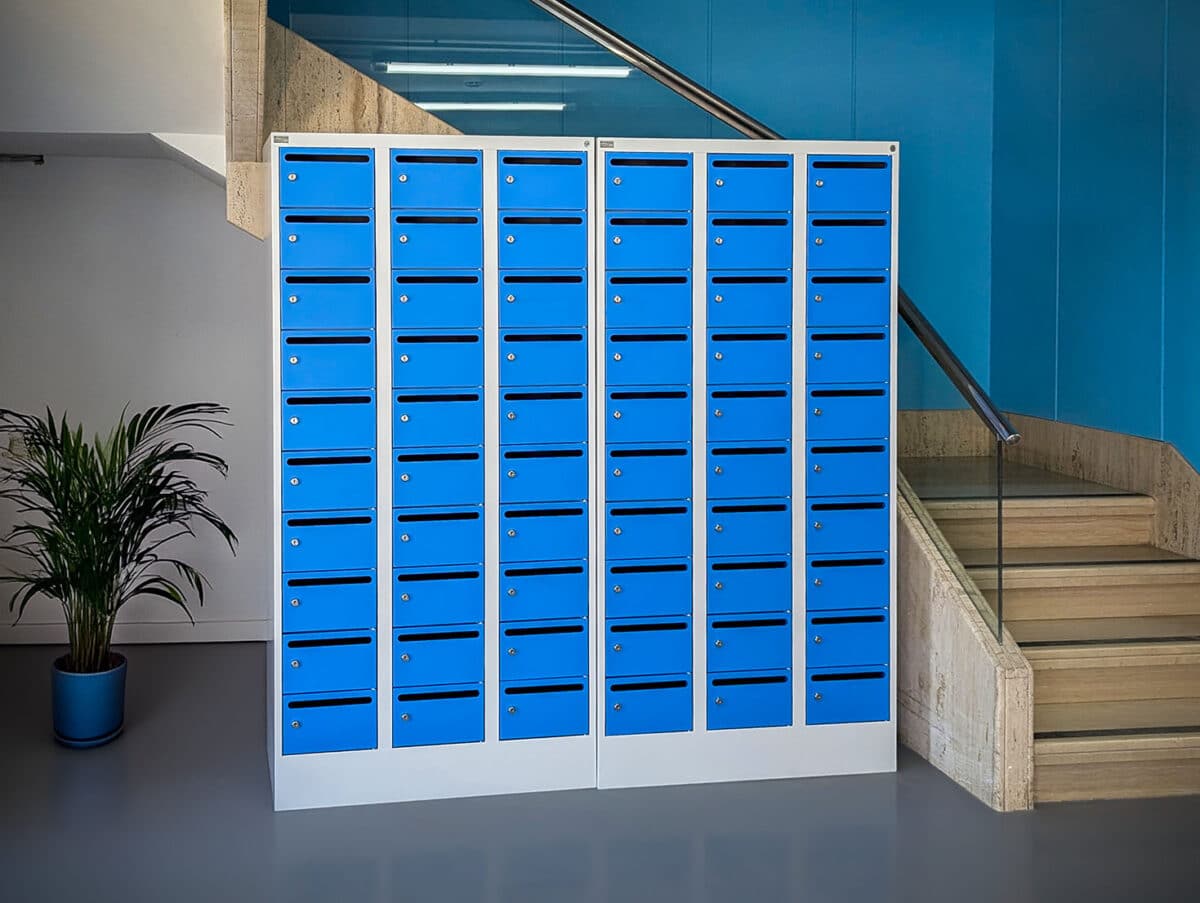Blue private mailboxes at Mallorca Storage in Son Castelló, Palma